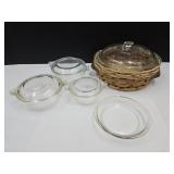 Pyrex Glass Bowls & Basket 4.5 to 8.5"w