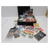 Metal Tin with Fishing Gear Jigs, Hooks, Swivels+