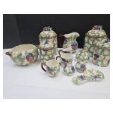 Ceramic  Grape Design Canisters, Shakers, Pitcher+