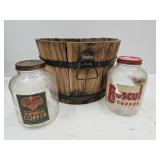 Wood Bucket 11" wide  & Vintage Glass Jars w Lids