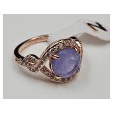 Purple Quartz & Austrian Crystal Ring Sz. 6.5