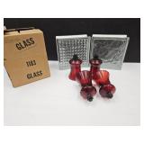 Set of 4 Ruby Red Candle Holders & 2 Glass Blocks