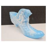 Vintage Fenton Blue Slag  Glass Shoe w Cat