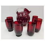 VTG Cambridge Glass Ruby Red Pitcher & Glasses