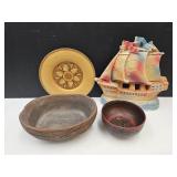Chalkware Ship,  Ornate Wood Bowl , Wood Plate +