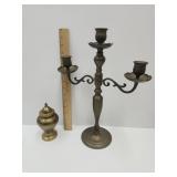 Brass Candleabra 14.5"h  & Covered  Urn 5.5" ?