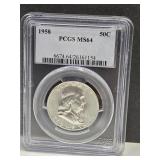 1958 Grade M 64  Franklin Silver Half Dollar Coin