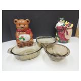 2 Christmas Cookie Jars & Pyrex Bowl +