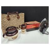 Straw Carry All Bag, Pottery,Vintage Sunbeam Iron