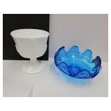 Thick Blue Art Glass 7" w & Indiana Milkglass
