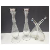 Double Neck Cruet, Sterling Rim Vases Etched