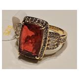 Garnet & CZ Ring Sz 710KG Over Jewelers Bronze