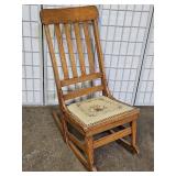 Antique Oak Rocking Chair w Needlepoint Seat