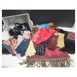 Lot Scarves, Adolf Gloves & Wrap w Storage Basket