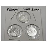 3 Grams .999 Silver, 3 Different Designs