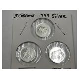3 Grams .999 Silver, 3 Different Designs