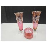 VTG Elegant Cranberry  Etched Vases 10" & Candy