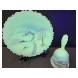 Uranium Fenton Hand Painted & Signed Bell & Plate