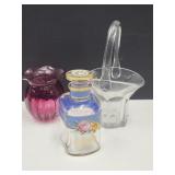 Listerine Glass Bottle, Cranberry Vase & Basket