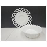 12" Milk Glass Cake Plate & 8.5"Fenton HobnailBowl