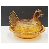 Vintage  Amber Indiana Glass Hen on a Nest 7"