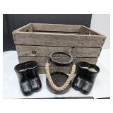Wood Crate, Metal Basket & Ceramic Boot Planters