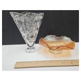 VTG Crystal Fan Etched  Vase & Carnival Bowl