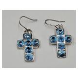 Silver Tone Cross & Gem Stone Earrings