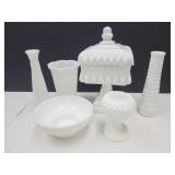 Milk Glass Lot 12"h Candy Dish, Vases SEE CHIP