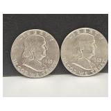 2- 1963D Silver Franklin Half Dollar Coins