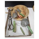 Primitive Wood Handled Utensils & Wood Bowl 10"w