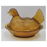 Vintage  Amber Glass Hen on a Nest 7"