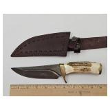 Damascus Knife w Stag Handle &Leather Sheath