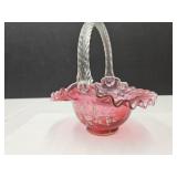 Fenton Glass Basket Hand Painted & Signed 7" w