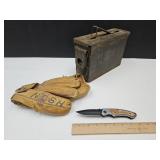 Ammo Box See Condition, Pocket Knife & Mitt