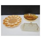 VTG Butter Dish, Peach Luster Egg Plate, Amber