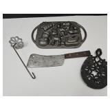 Cast Iron Christmas Mold, Meat Cleaver, Trivet +