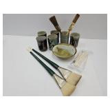 Artist Paint Brushes & Stoneware, Bowl is Signed