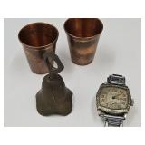 Copper Shot Glasses, Brass Bell, Watch