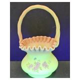 Uranium Glass Hand Painted & Signed Basket 8 1/2"