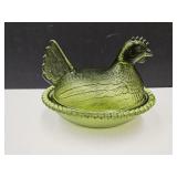 Vintage  Green  Indiana Glass Hen On a Nest 7" L