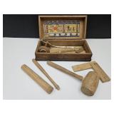 Vintage Boys Wood  Toy Tool Chest with  Tools 10"