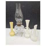 Vintage Oil Lamp & 3 Bud Vases
