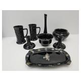 Vintage Black Glassware, Bud Vase, Candleholders+