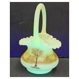 Fenton Hand Painted & Signed Glass Basket 5" W