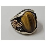 925 Silver Ring w Tiger Eye & Gold Emblem? SZ 7.5