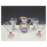 Fenton Hand Painted, Signed 7' Pitcher & Glasses