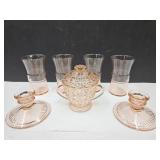 Pink Depression Ware Glasses, Candle Holder +