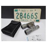 1977 Indiana License Plate & Bushnell Binoculars