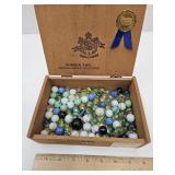 Marbles in  Wooden Cigar Box